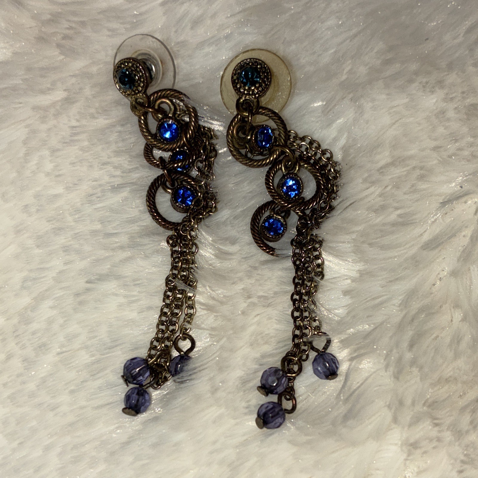 Blue Round Crystal Dangle Drop Earrings in Bronze Tone Metal with Post