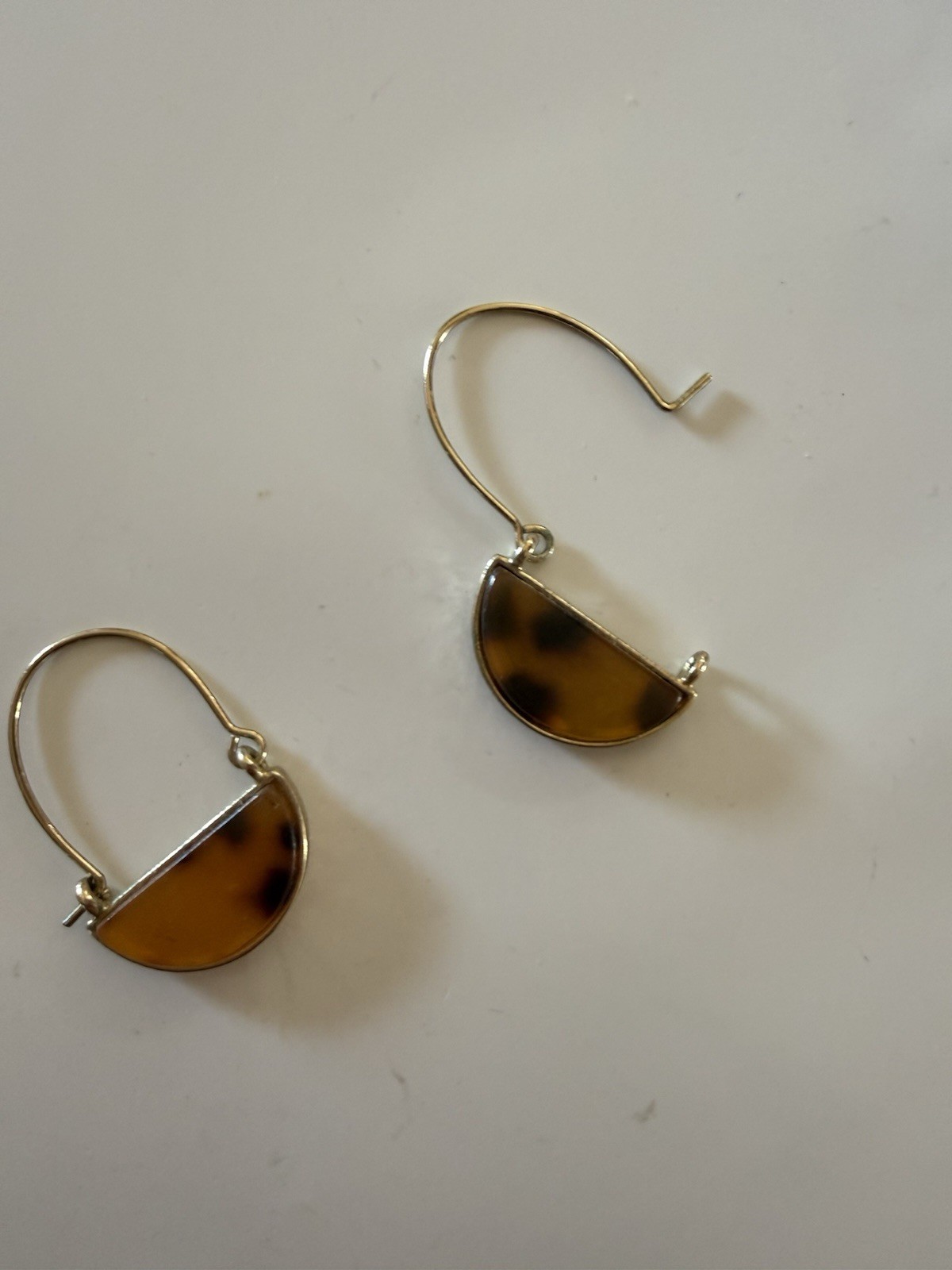 Gold Tone Hook Dangle Earrings Brown Tortoise Half Moon Pendant, No Stone