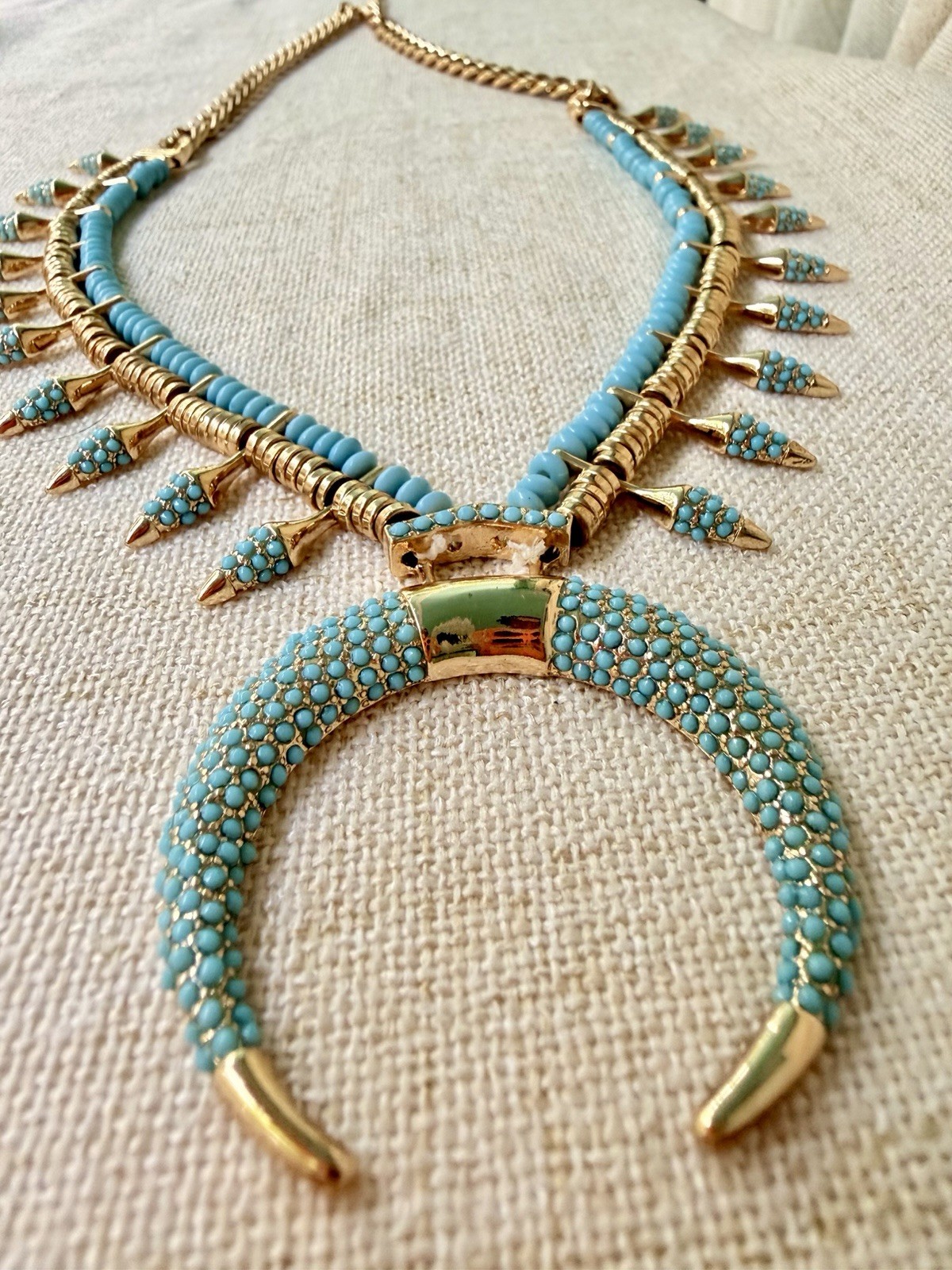 Modern Atterri Turquoise Beaded Crescent Horn Necklace Gold Tone Boho