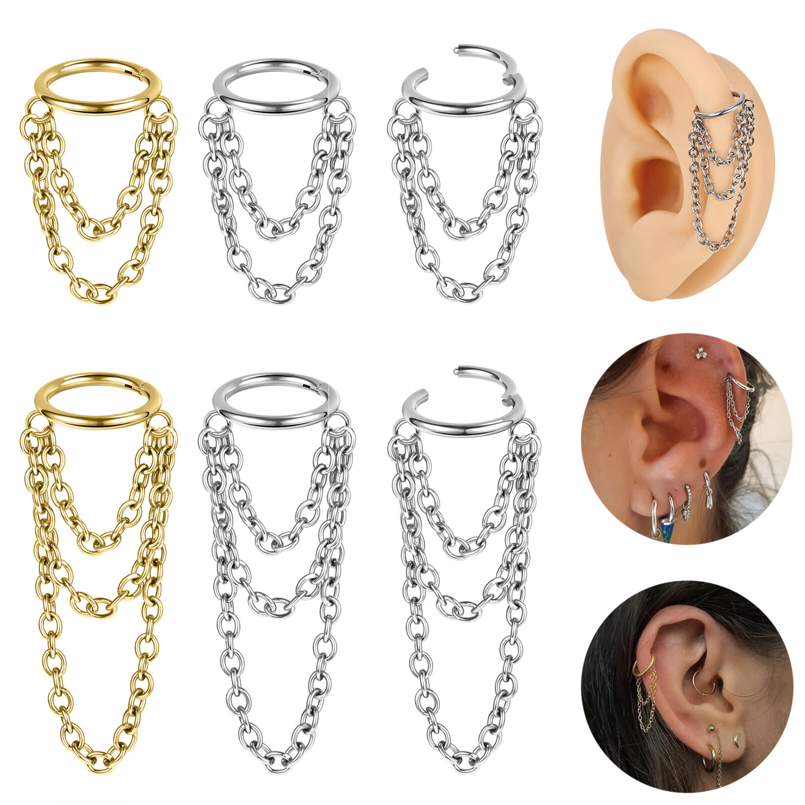1 Pc Stainless Steel Earring with Chain Pendant Cartilage Earring Helix Piercing