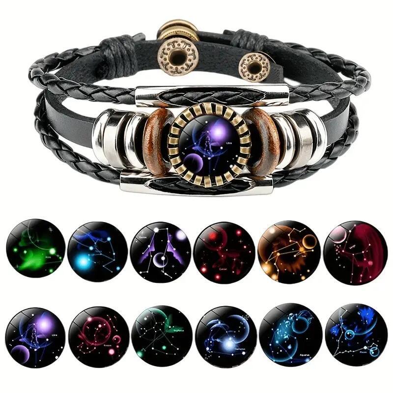 Black 12 Zodiac Sign Constellation Beaded PU Leather Charm Bracelet Gift Stylish