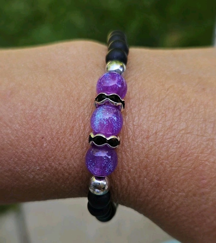 Black Purple Silver Round Beaded Stretch Bracelet Stackable Sizable Fit