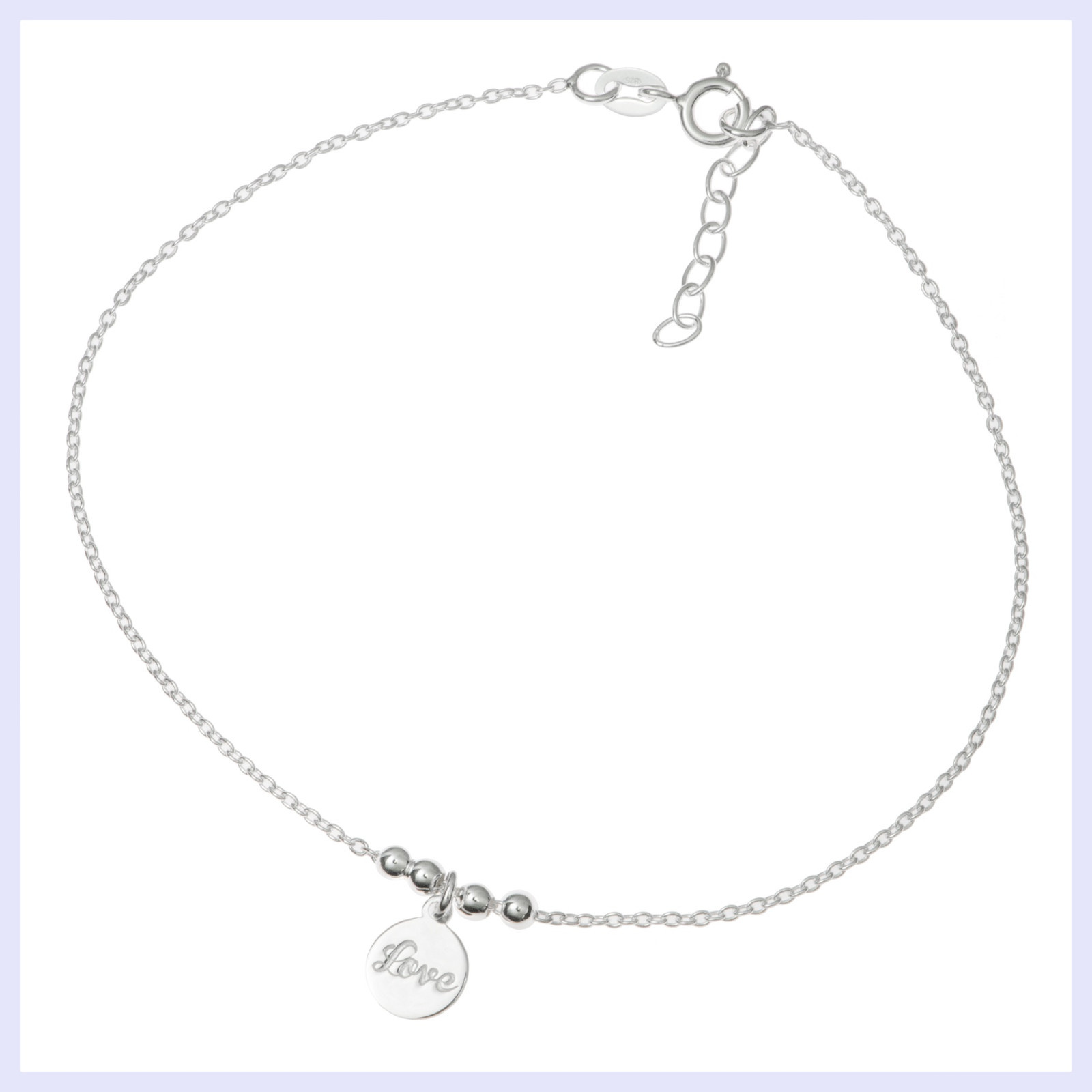 Sterling Silver Love Tag Dangle Charm Ball Bead Link Rolo Cable Chain Anklet