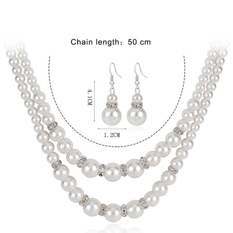 Double Chain Pearl Jewelry SetWomen Simulated Pearl Necklace Earrings Jewel.SE