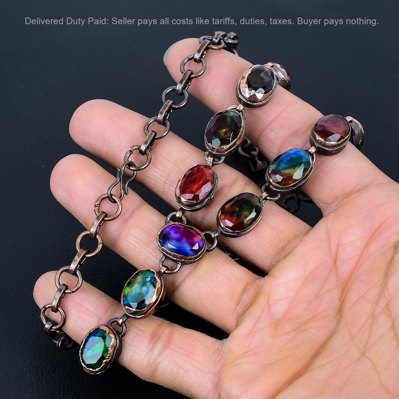 Christmas Sale Copper Oval Natural Ammolite Chain Electroformed Necklace Jewelry
