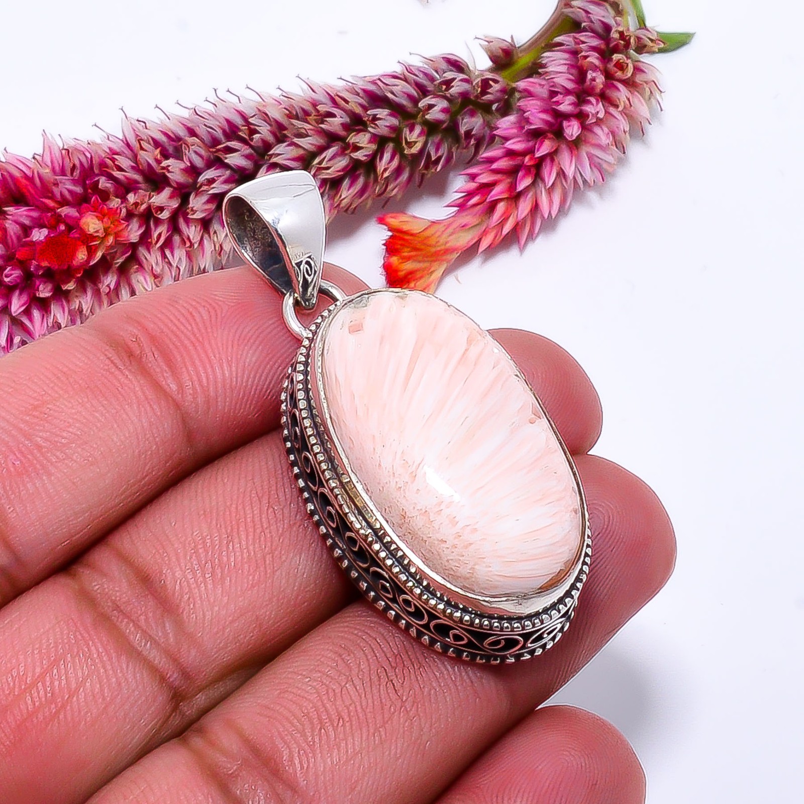 Orange Scolecite – India Fine Art 925 Sterling Silver Pendant 1.79″ P10364114367