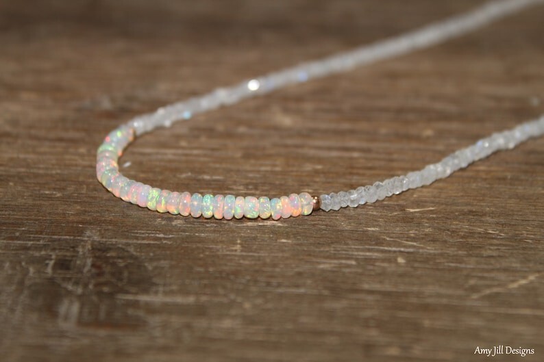 Ethiopian Opal & Moonstone Faceted Rondelle Beads Handmade Women Necklaces 18”