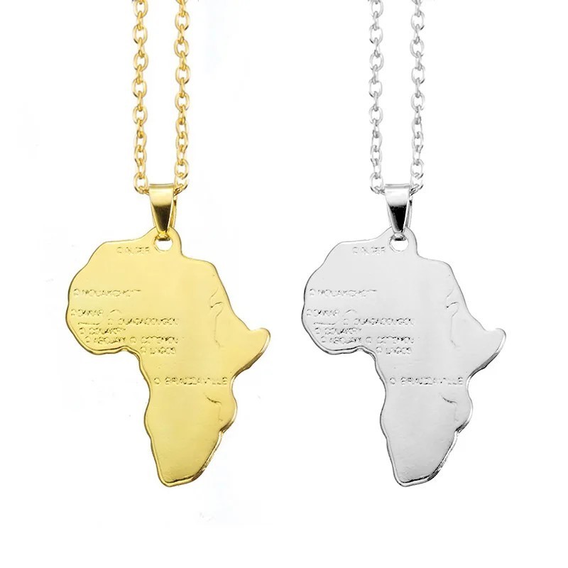 Africa Map Pendant Necklace with Engraved Capital Cities Stainless Steel Jewelry