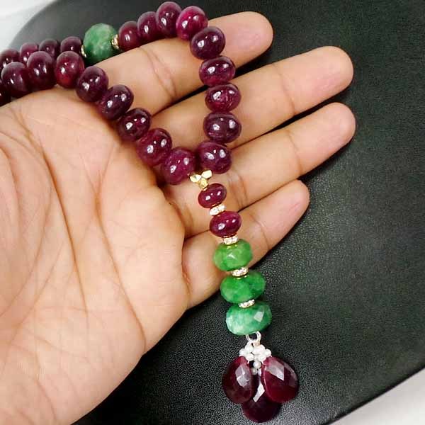 630 CTS NATURAL AFRICAN RUBY BRAZILIAN EMERALD CAB BEADED NECKLACE 21″ W PENDANT