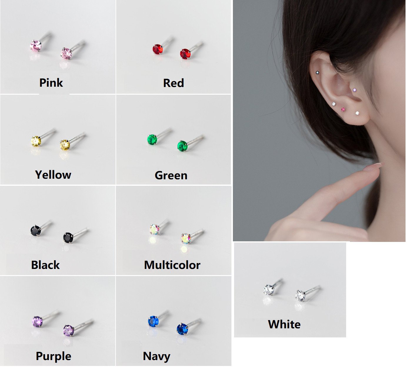 GENUINE SOLID 925 STERLING SILVER CZ STUD EARRINGS 2mm TINY WOMEN GIRL