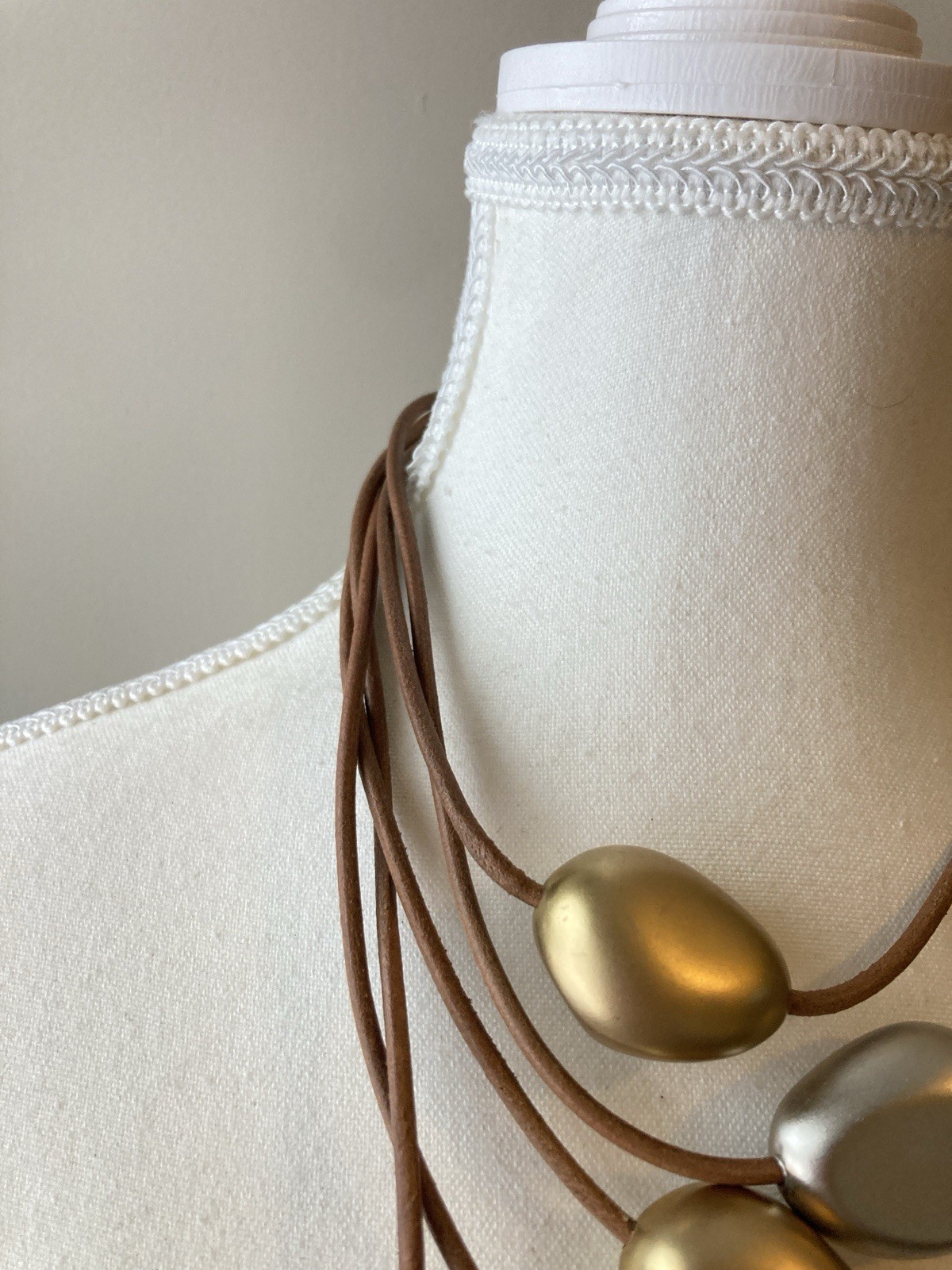 Chunky Pebble Bead Necklace Brown Cord Gold Silver Tone Modern Artsy Magnetic