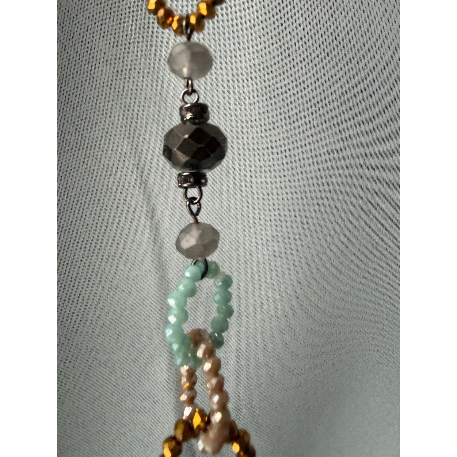 Vera Wang Simply Vera Beaded 36″ Long Necklace Gunmetal Turquoise Gold Tassel