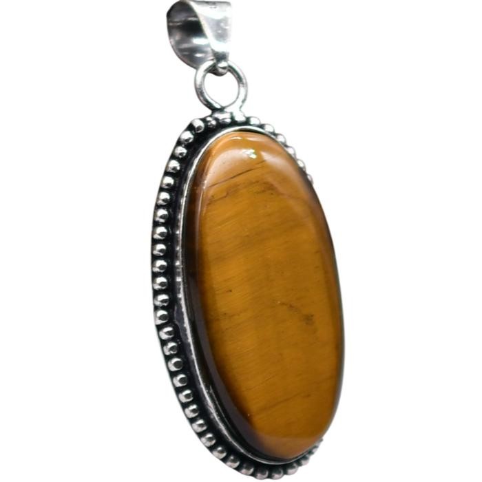 Tiger Eye Natural Gemstone Antique Silver Plated Pendant 1.5″ J 1081