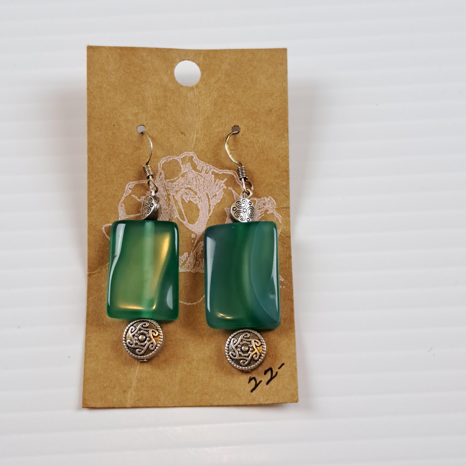 Green Stone Rectangle Dangle Drop Earrings Womens French Wire Boho Silver Tone