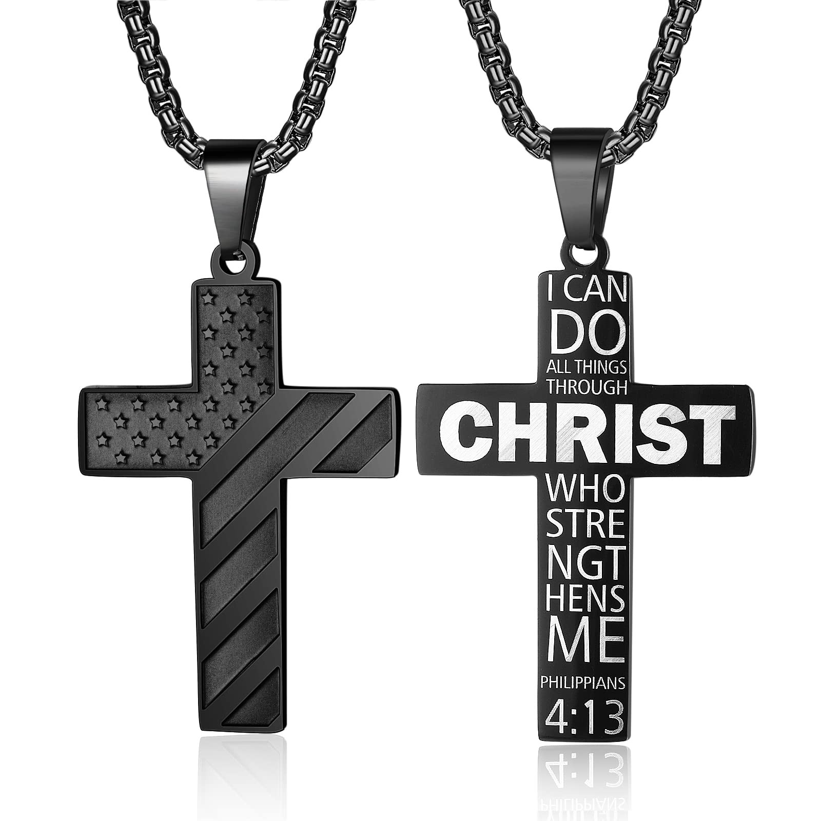 American Flag Cross Necklace for Men Stainless Steel Chain 24inch Bible Verse…