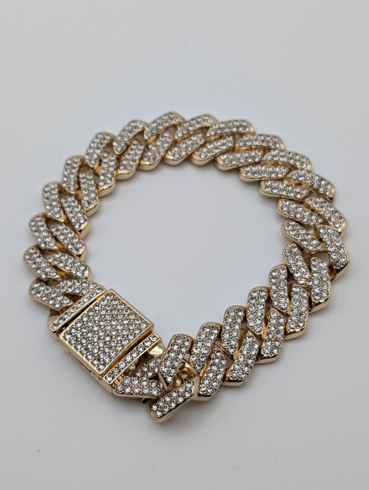 Gold Tone Cuban Link Bracelet – Iced Out Rhinestones – 7”