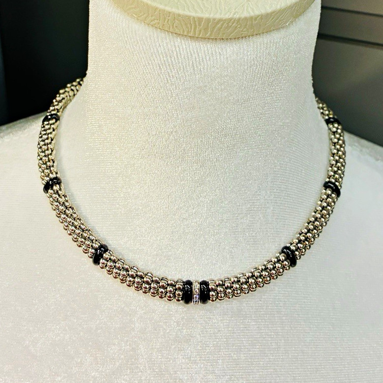 Lagos Signed 925 Sterling Silver Black station diamond Necklace & Bracelet Set