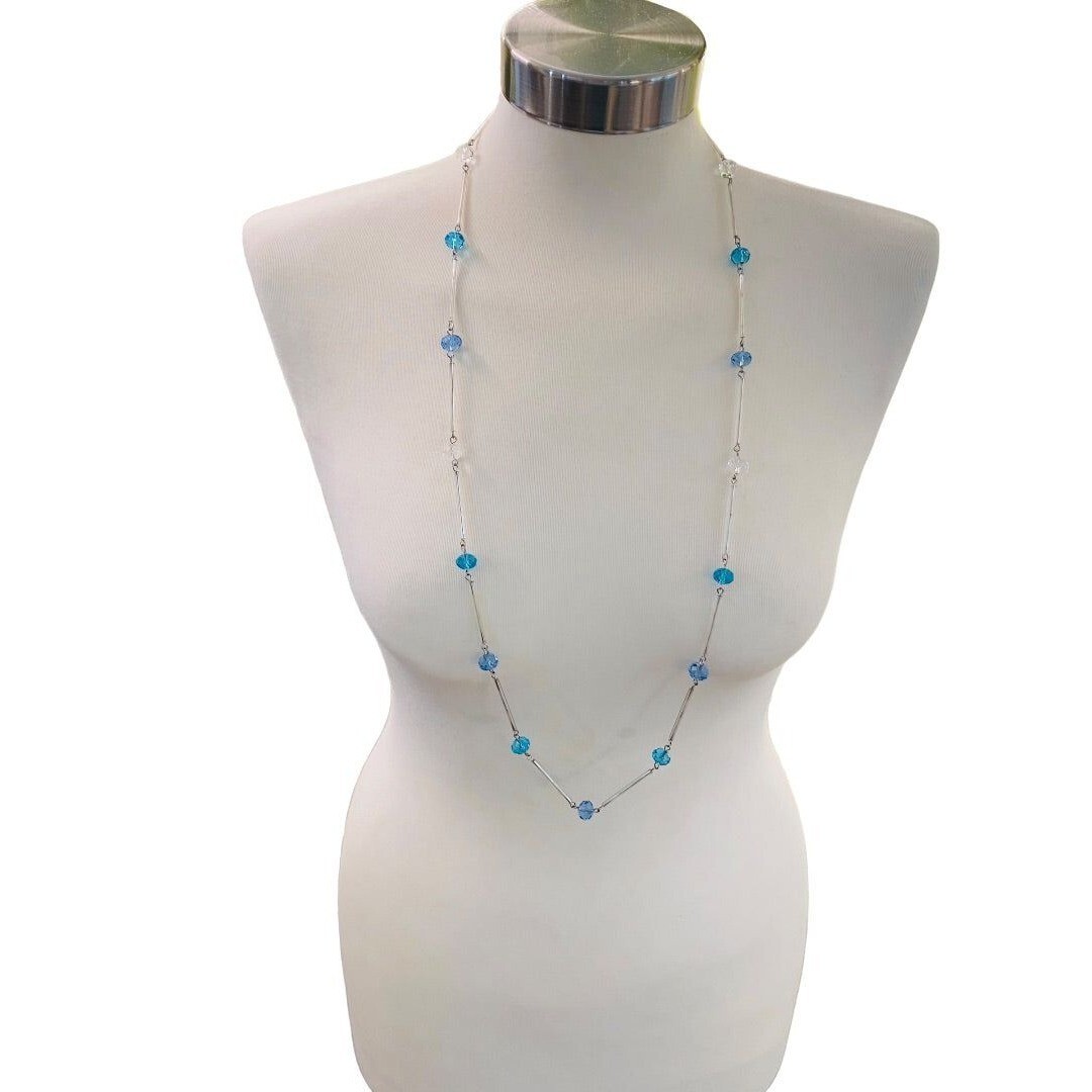 Silvertone Blue Aqua Beaded Overhead 36″ Strand String Necklace