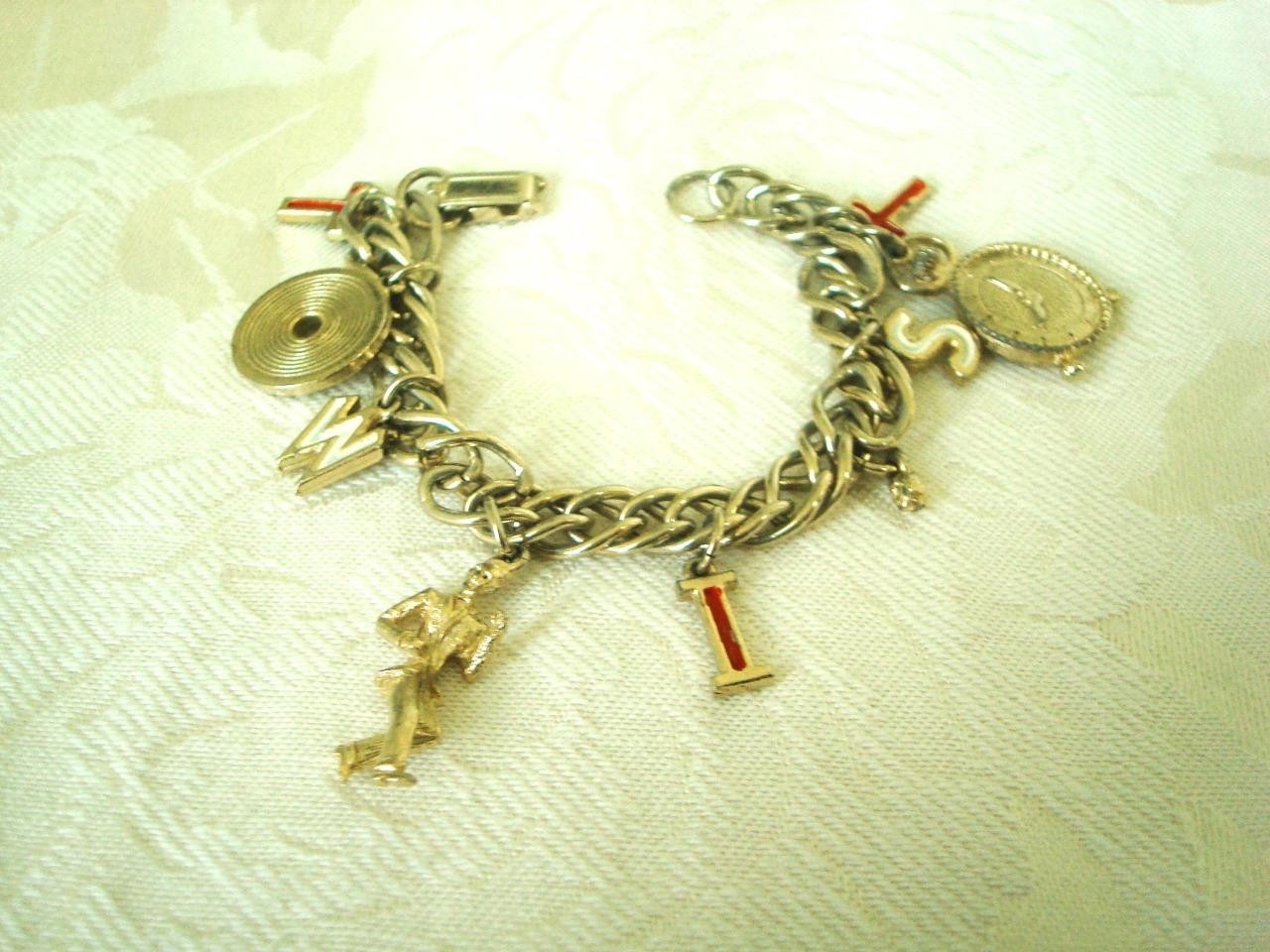 Gold Tone Bracelet Record Clock Dancer Red White TWIST Charms As Found KJ