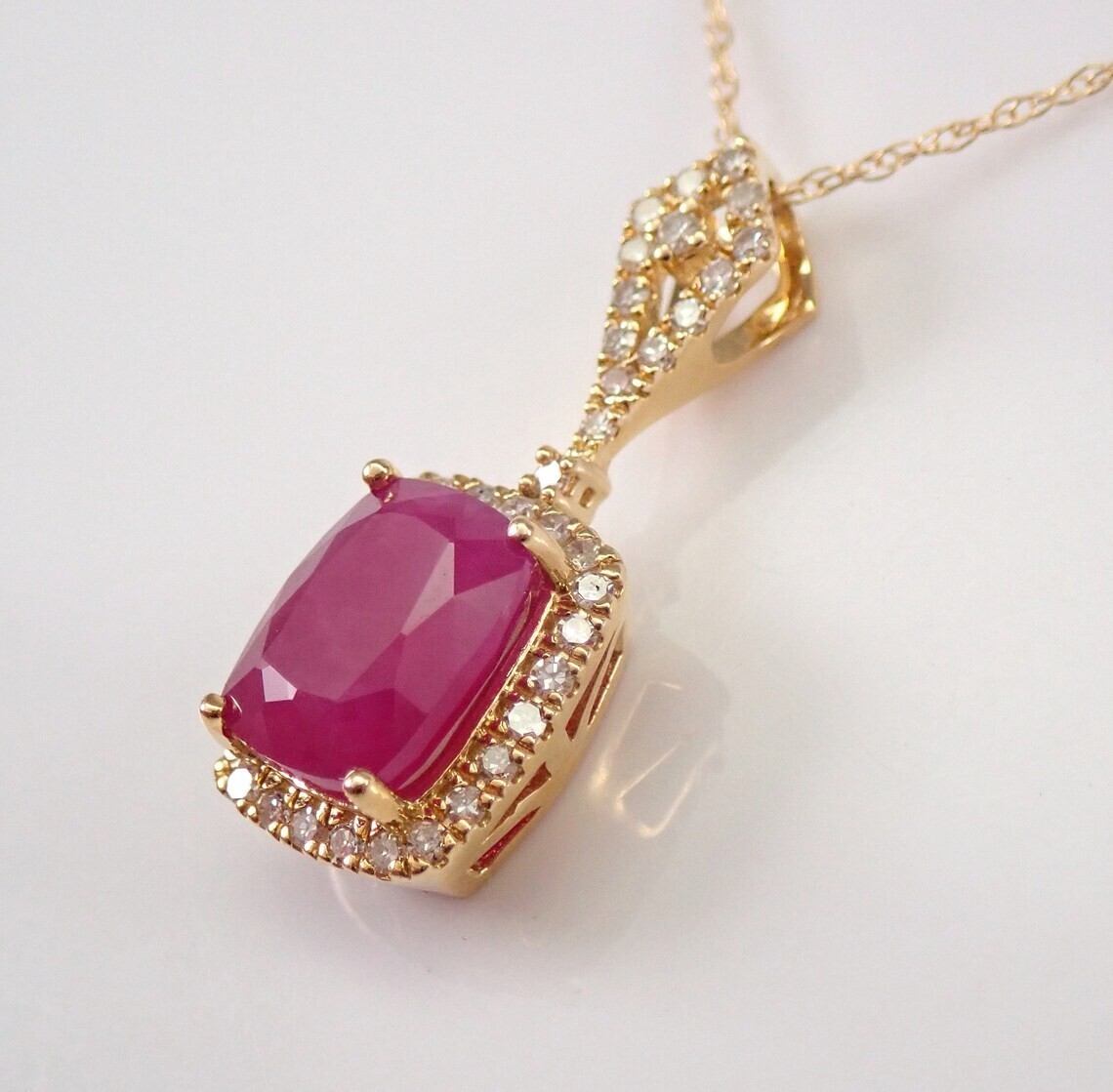Cushion Simulated Pink Ruby Halo Women’s Pendant Chain In 14k Yellow Gold Plated