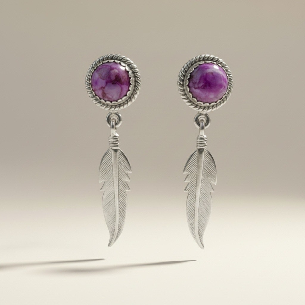 Jewelry Vintage Solid 925 Sterling Silver Purple Mojave Feather Earrings 11.3mm