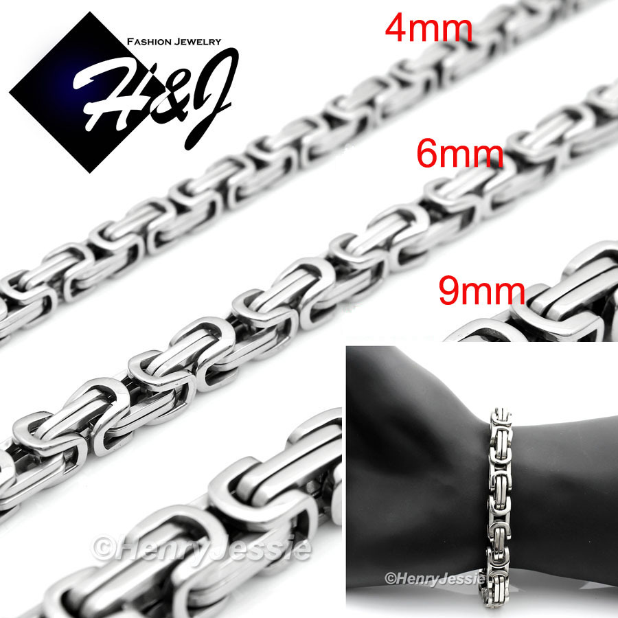 7″-11″MEN Stainless Steel 4mm/6mm/9mm Silver Byzantine Box Link Chain Bracelet