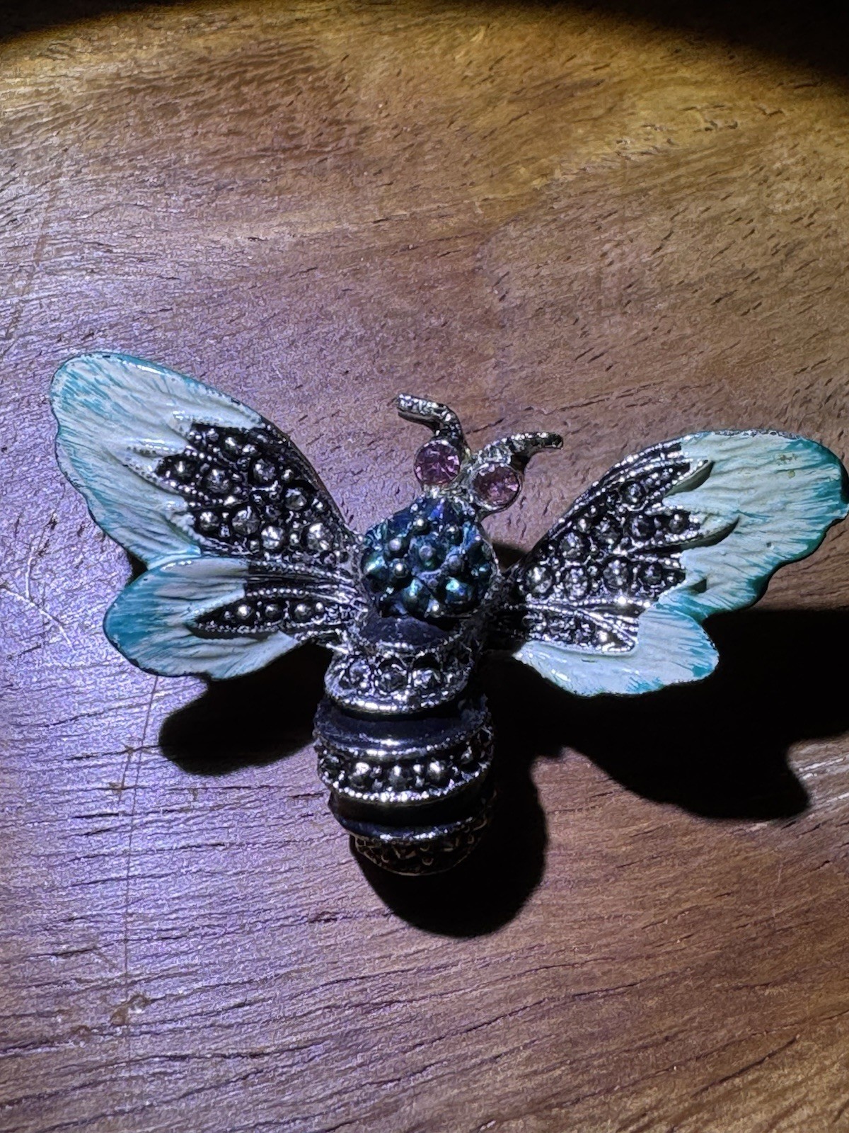 Bee Brooch Pin Silver Tone Blue Enamel Wings Crystal Rhinestones Pink Accents