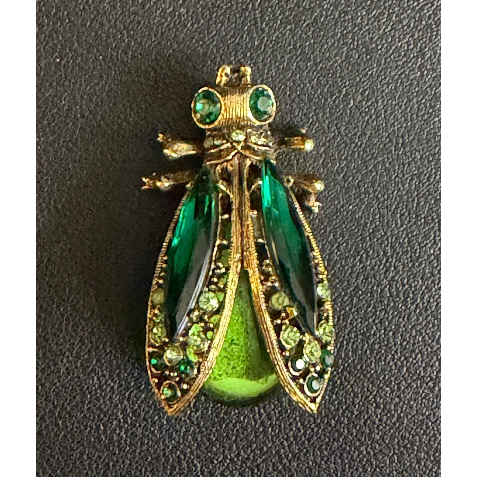 Vintage ART Insect Brooch Arthur Pepper Green Jelly Belly Rhinestone Gold Tone