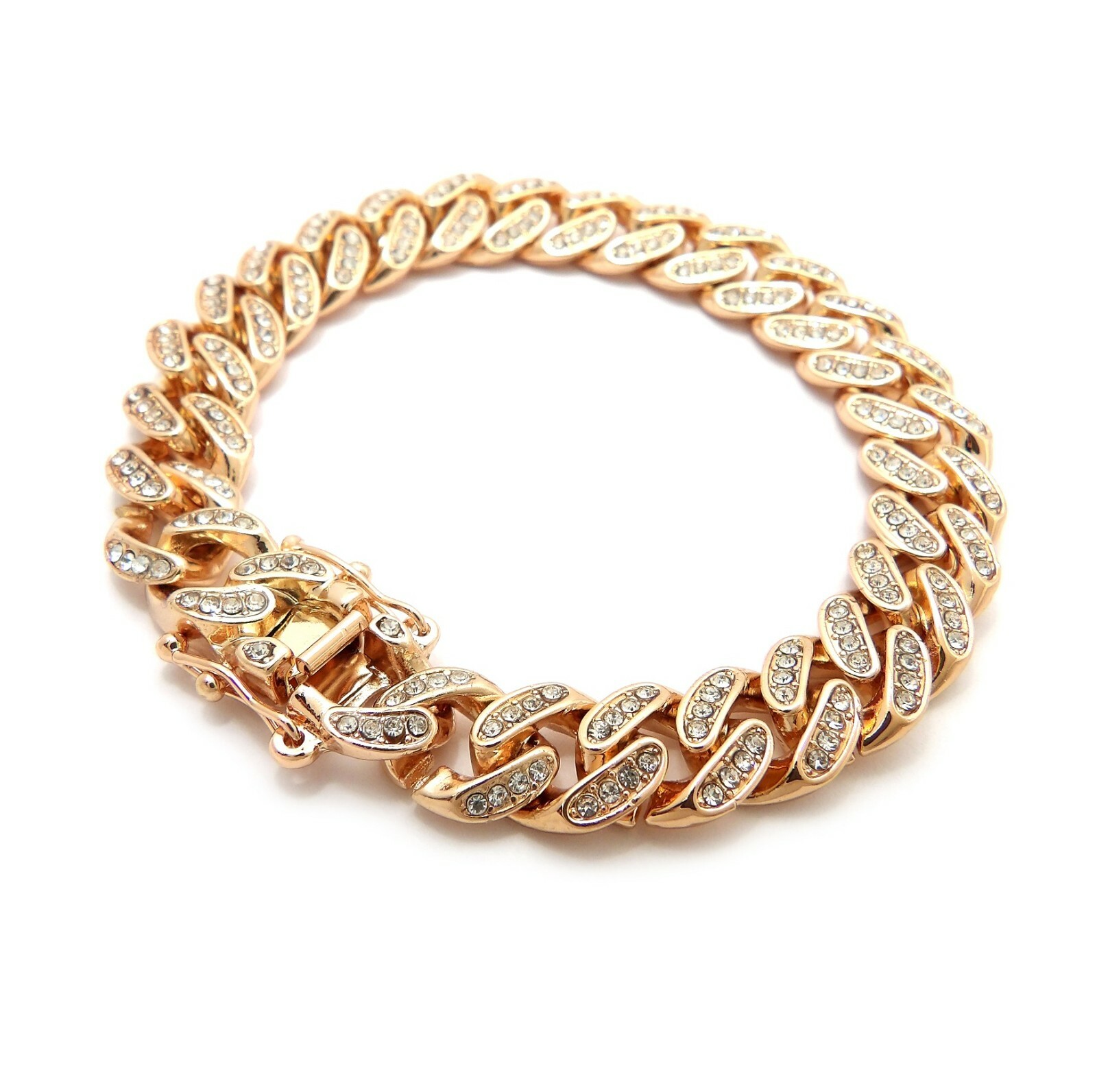Luxury Hip Hop Rose Gold Plated 8.5″ Miami Cuban Full Iced Box Lock Bracelet