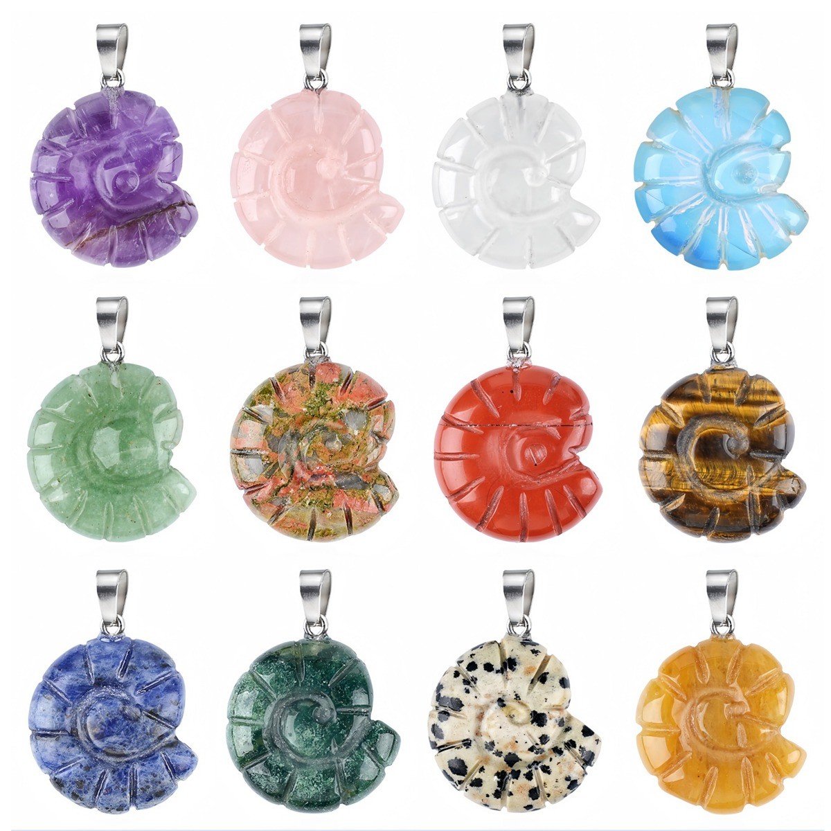 5PCS Carved Gemstone Conch Shell Pendant 25mm Crystal Ammonite Fossil Charms