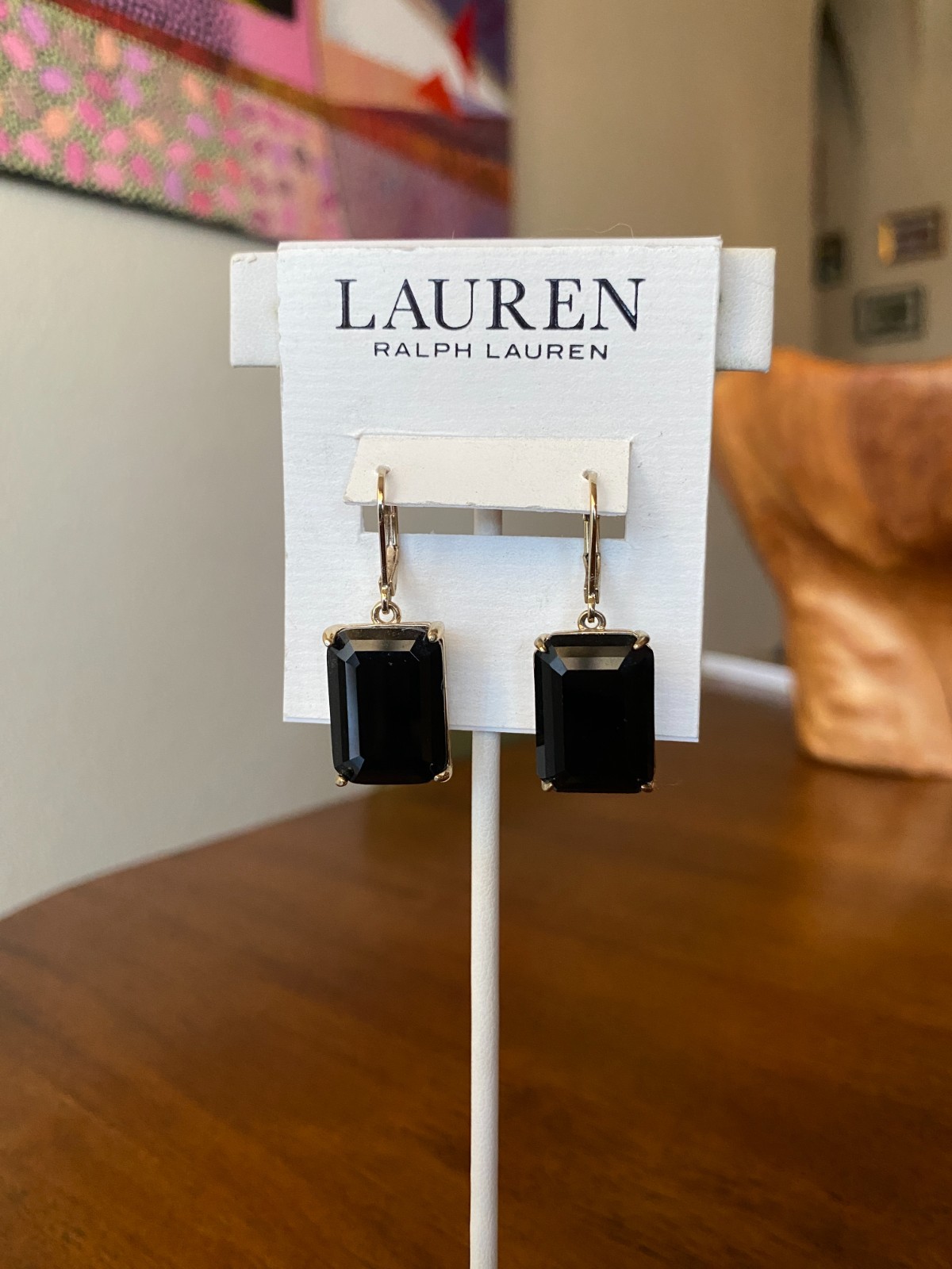 Ralph Lauren Stone Drop Earrings Black Glass Gold Plated Metal NWT