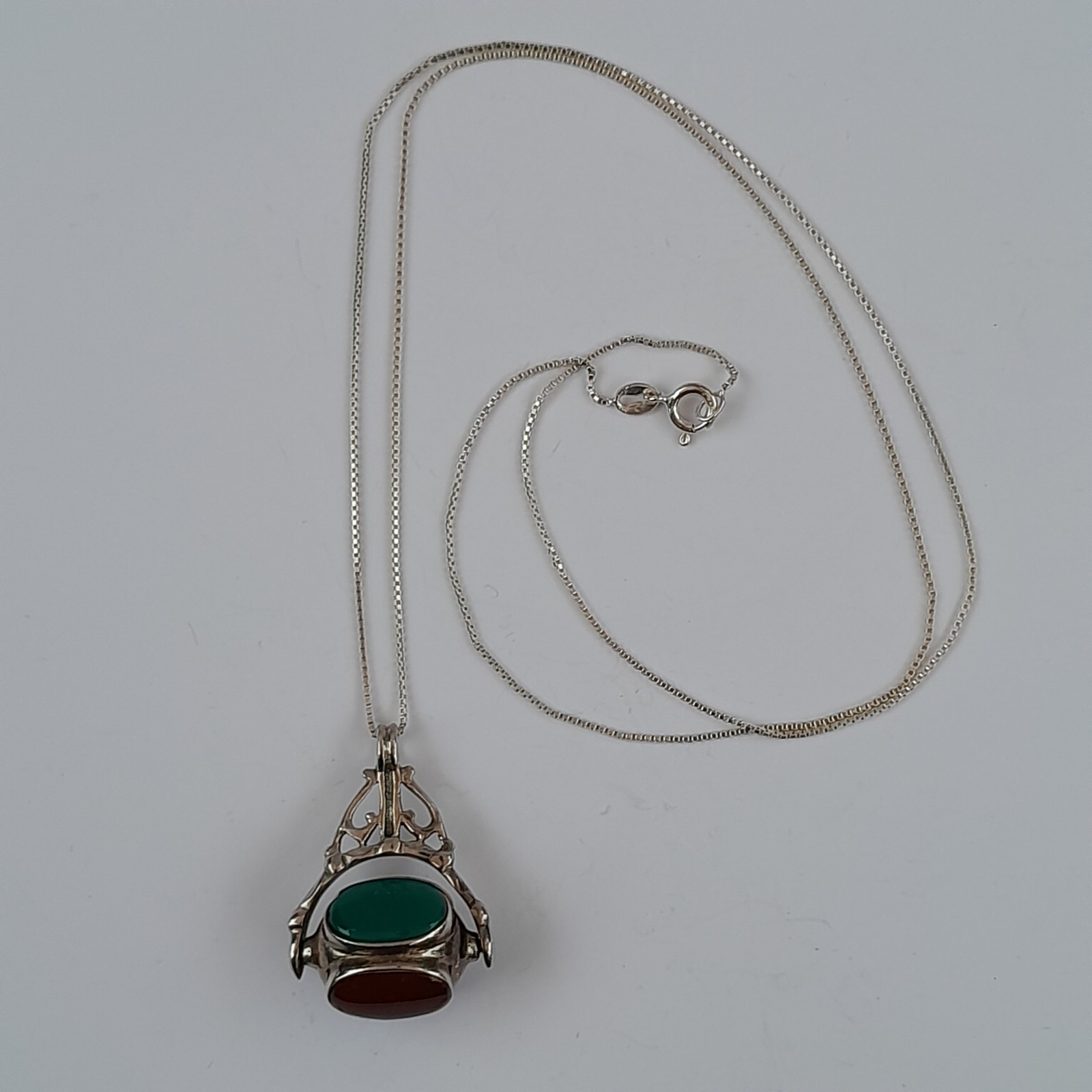 Vtg Sterling Silver Four-Sided Spinner Fob Pendant Necklace Red Black Stone 925