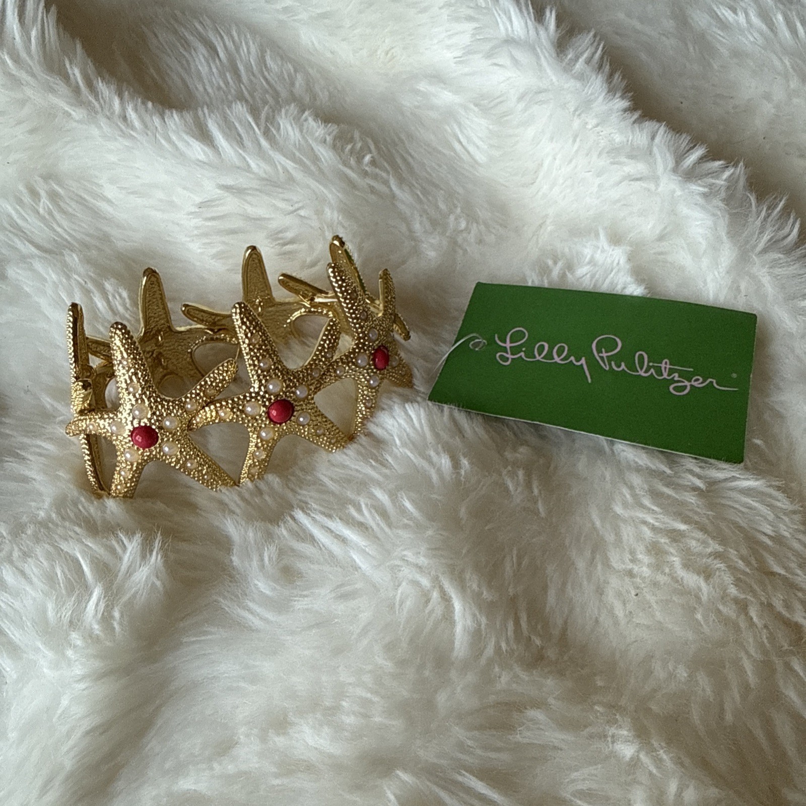 Lilly Pulitzer Starfish Cuff Gold Metallic Stretch Coral Pearl