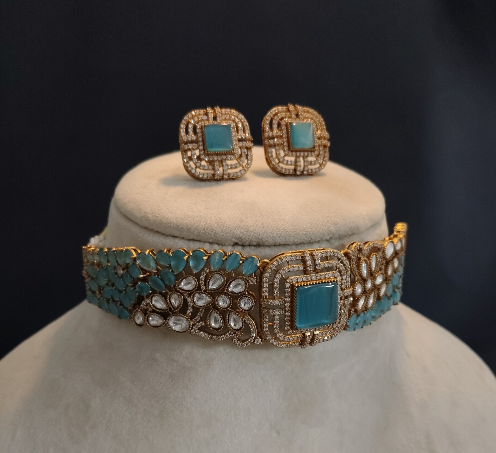 Nida Modest Aqua Blue Contemporary Kundan Choker Set with Earrings Roz Jewellers