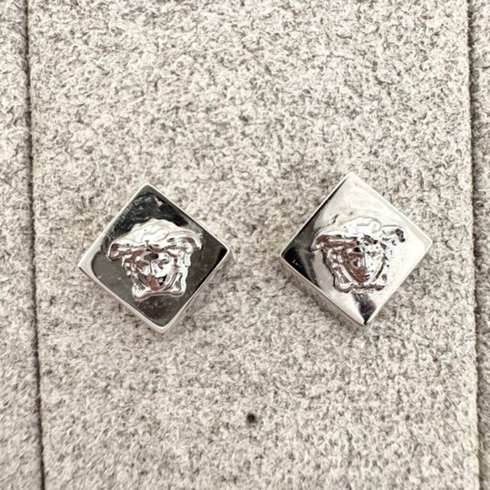 Versace Square-Shaped Palladium Stud Medusa Head Earrings Silver Diamond Logo