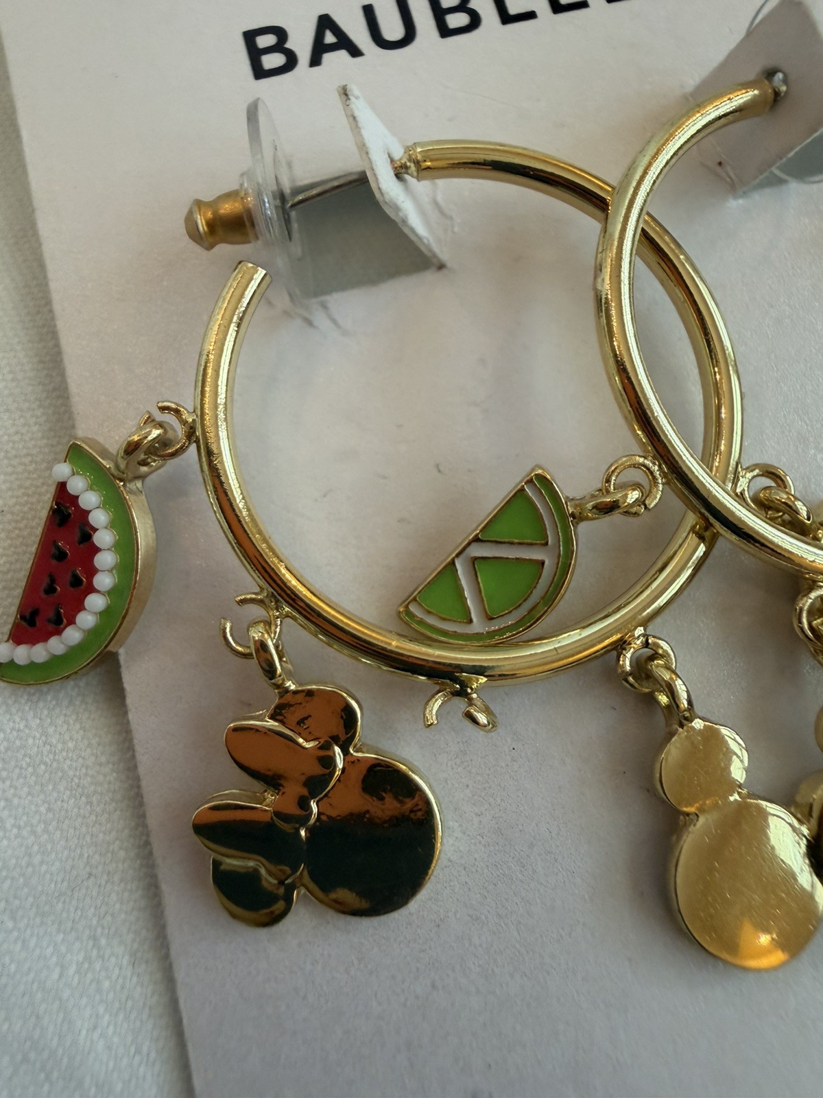 Disney BaubleBar Mickey & Minnie Gold Hoop Earrings – Fruit Charms NEW