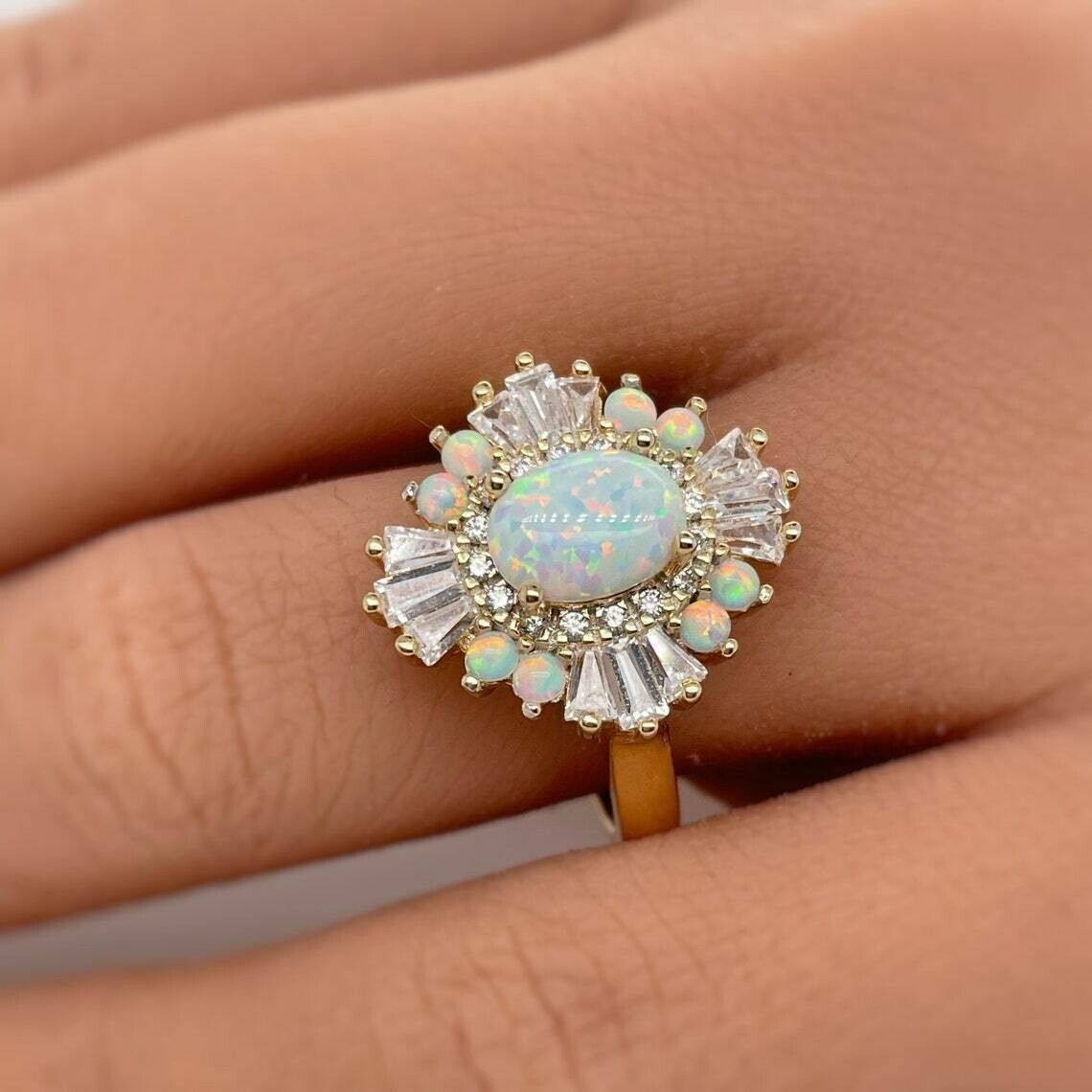 3Ct Oval Cut Simulated Fire Opal Halo Women’s Ring 14K Yellow Gold Plated Silver