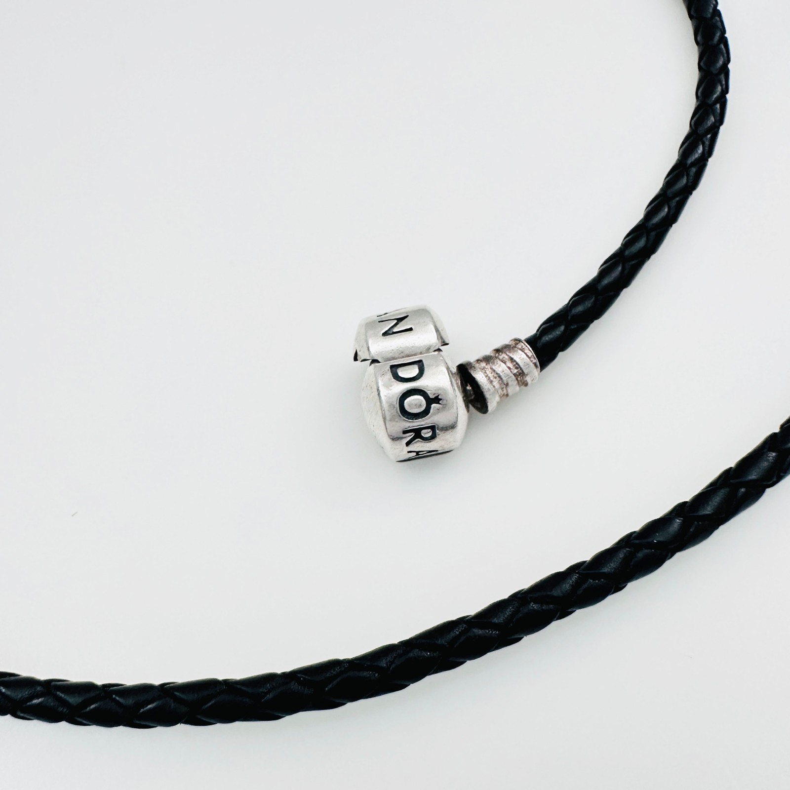 PANDORA 925 Sterling Silver Braided Leather Charm Necklace Black, 22″ (56cm)
