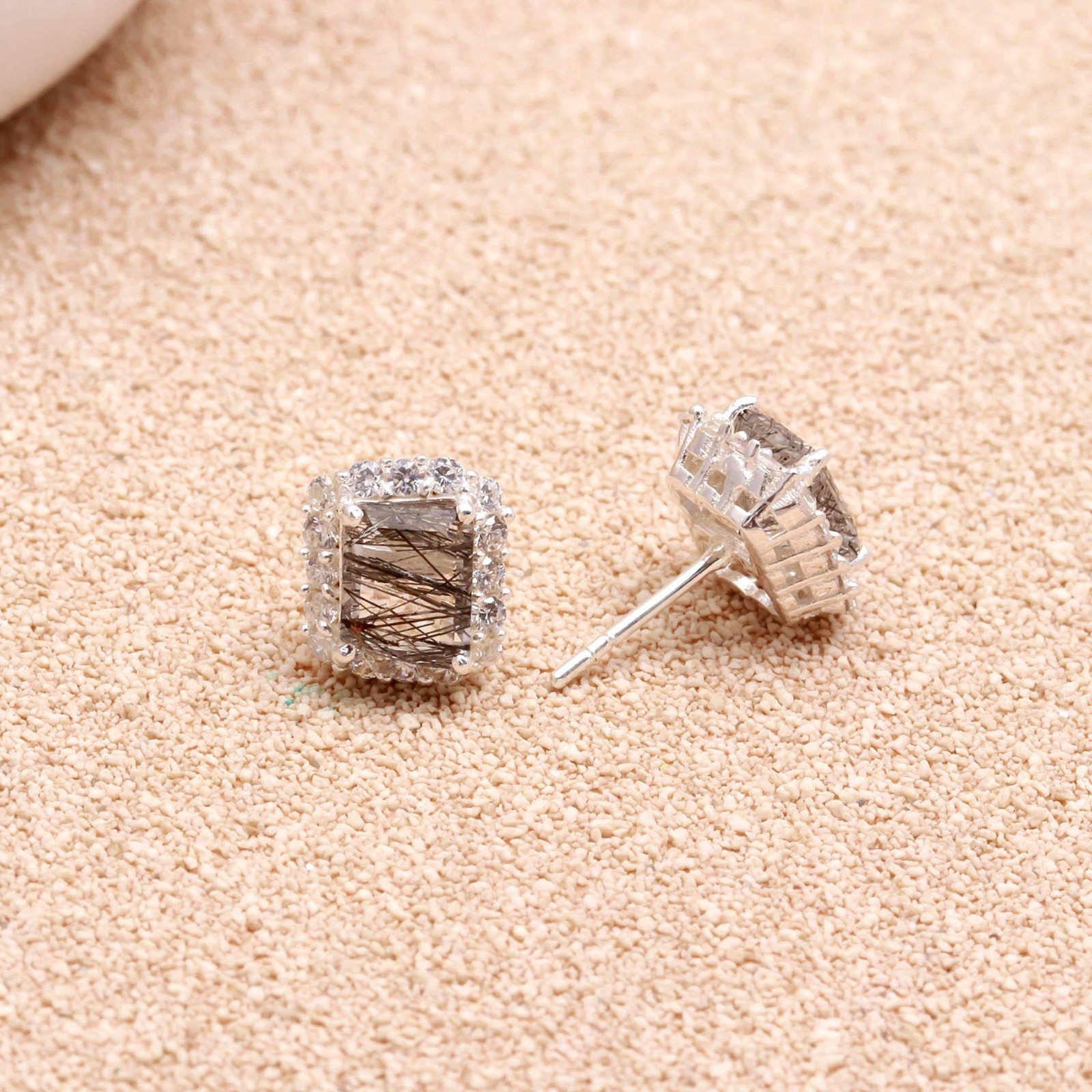 Natural Black Rutile Octagon Stud Earring 925 Sterling Silver Moissanite Jewelry