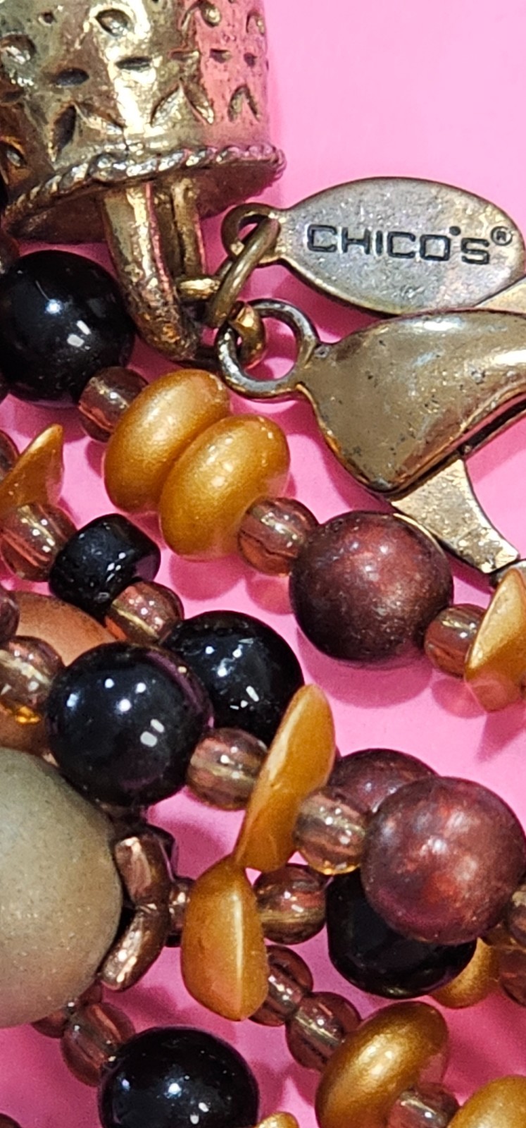 CHICOS 7 strand necklace brown gold beads 21” plus 4 1/2” chain