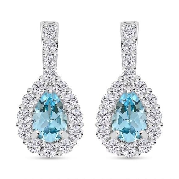 Genuine Pear Shape Blue Topaz w/Simulated Diamond 5.80 ctw Earrings – Silvertone