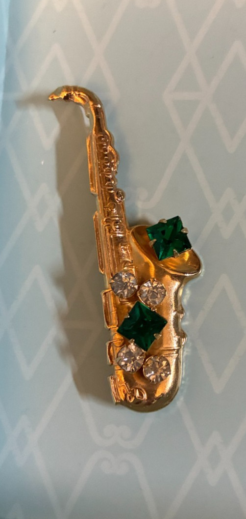 Saxophone pin with green rhinestones / 2.25 inches