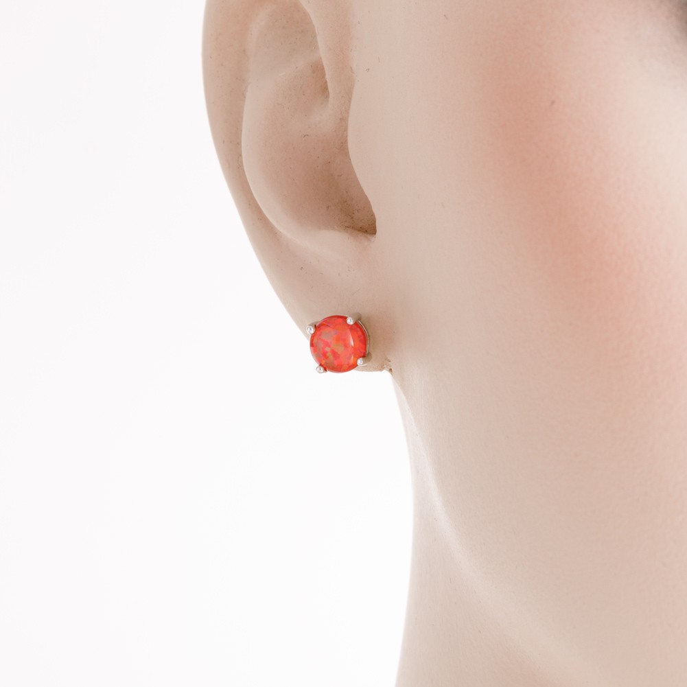 8mm Round Red Fire Opal Cabochon Silver Jewelry Simple Stud Earrings