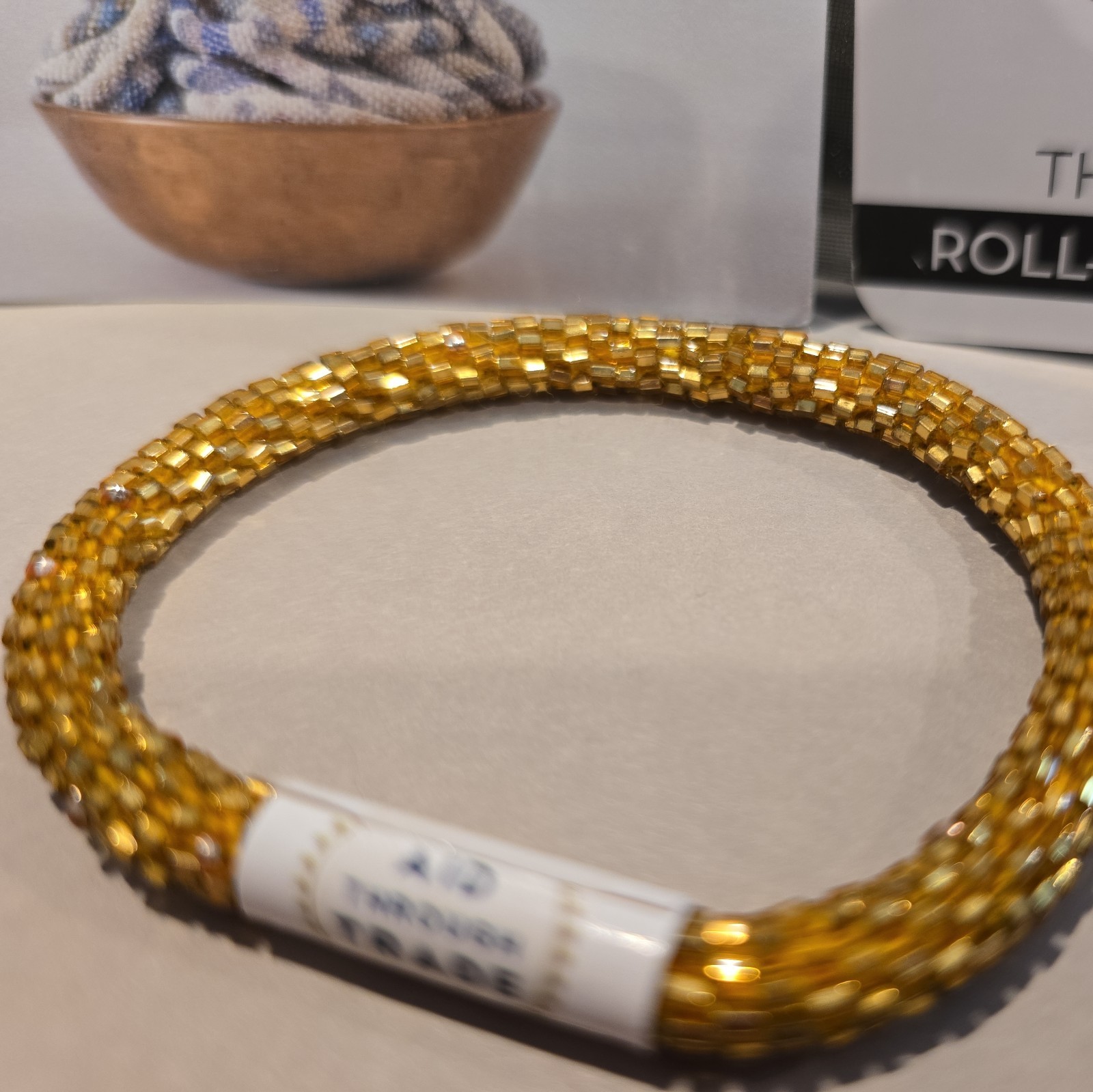 Aid Through Trade Roll-On Beaded Bracelet Gold Nepal Glass Bead Fair Trade NWT