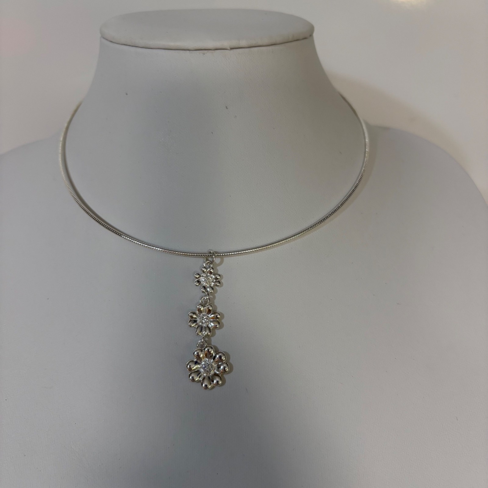 Monet Silver-Tone Drop Pendant Necklace Triple Metal Clovers Rhinestone 2004 VTG