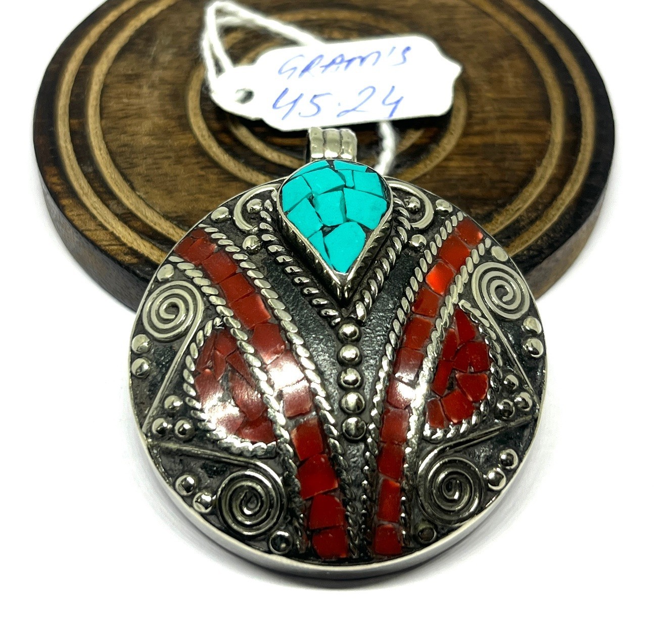 Tibetan Red Coral Turquoise Gemstone Buddhist Prayer Pendant Jewelry, 2.0 inch