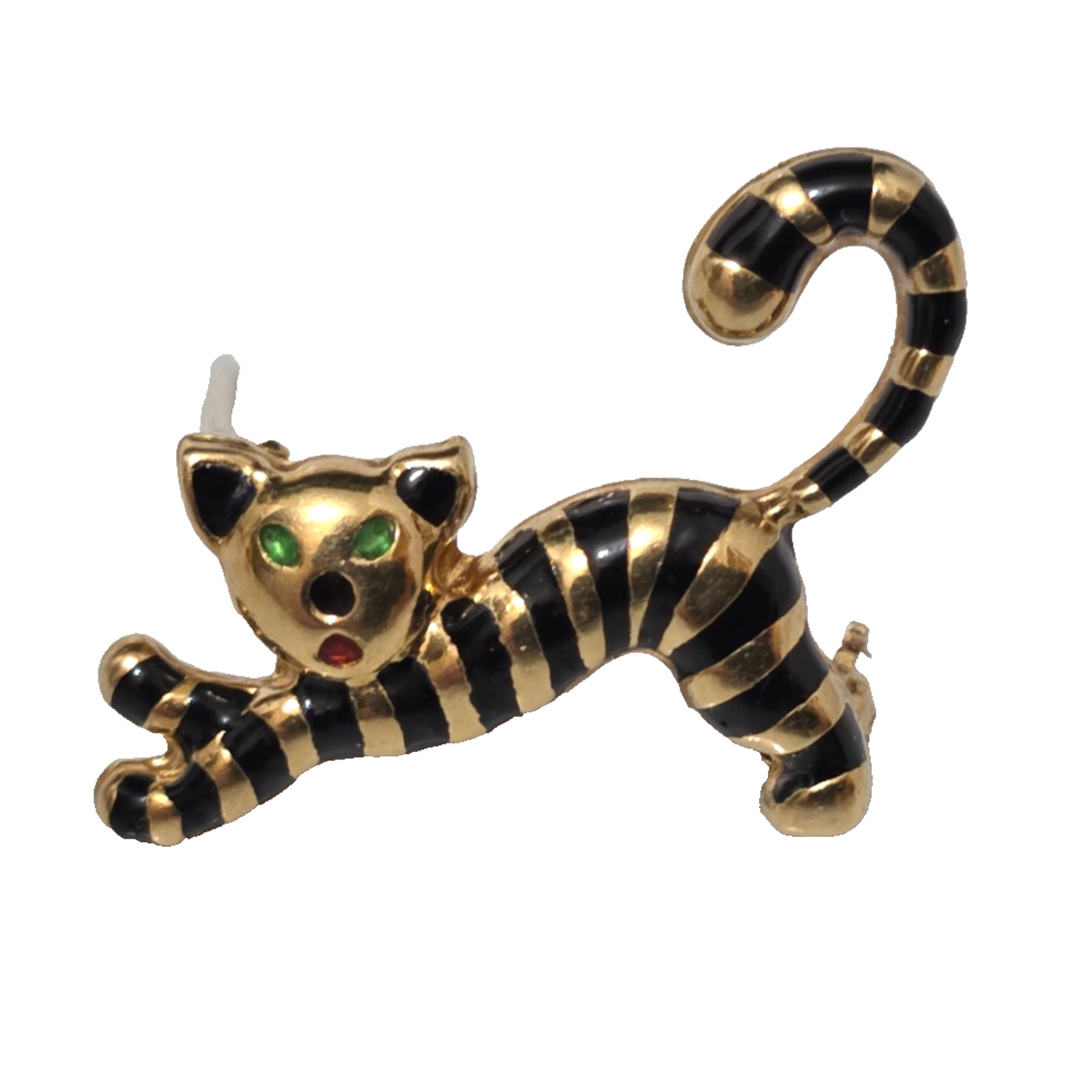 Vintage UNO-A-ERRE 18k 750 Gold 1 1/8″ Striped Cat with Green Eyes Unoaerre 3 gr