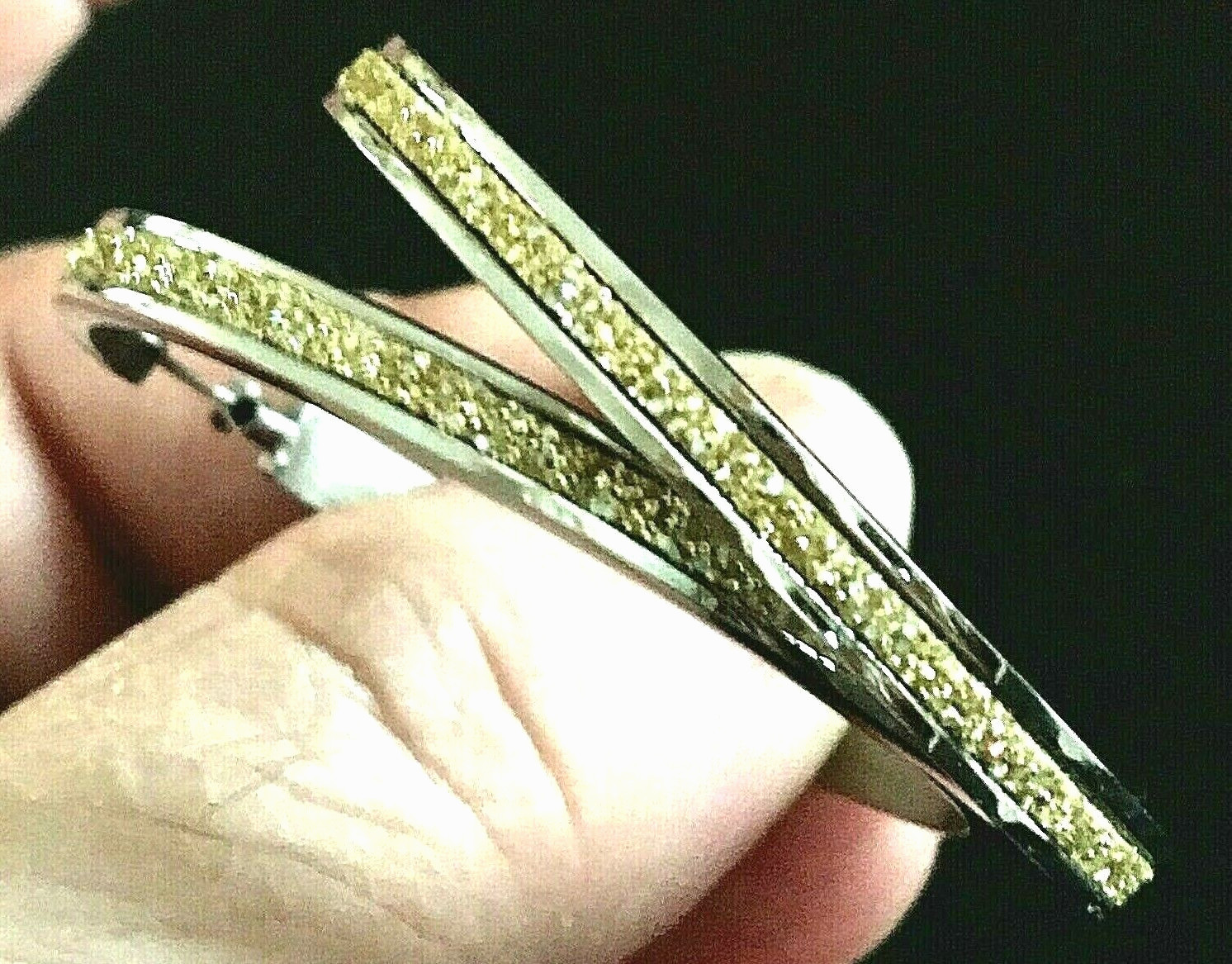 STEEL BY DESIGN PAVE CANARY YELLOW GLITTER SNAP-BAR HOOP EARRINGS-1.25″-NWOT