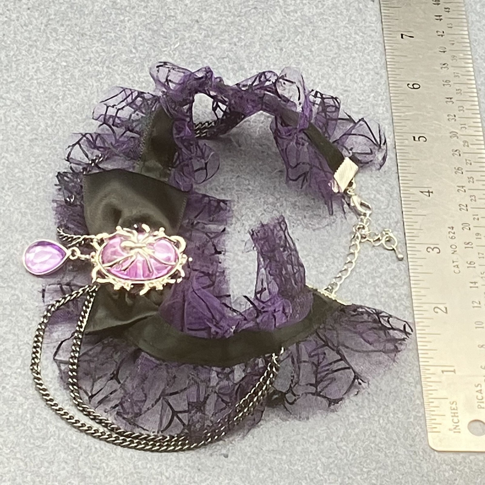 Halloween Gothic Choker Necklace Purple Spider Web Gem Chains Teardrop Lace Emo