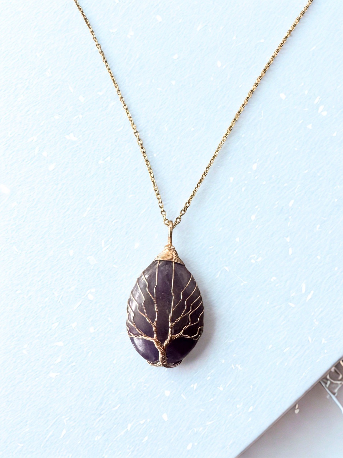Amethyst Crystal Tear drop Tree of Life Pendant With Gold Necklace Healing Stone